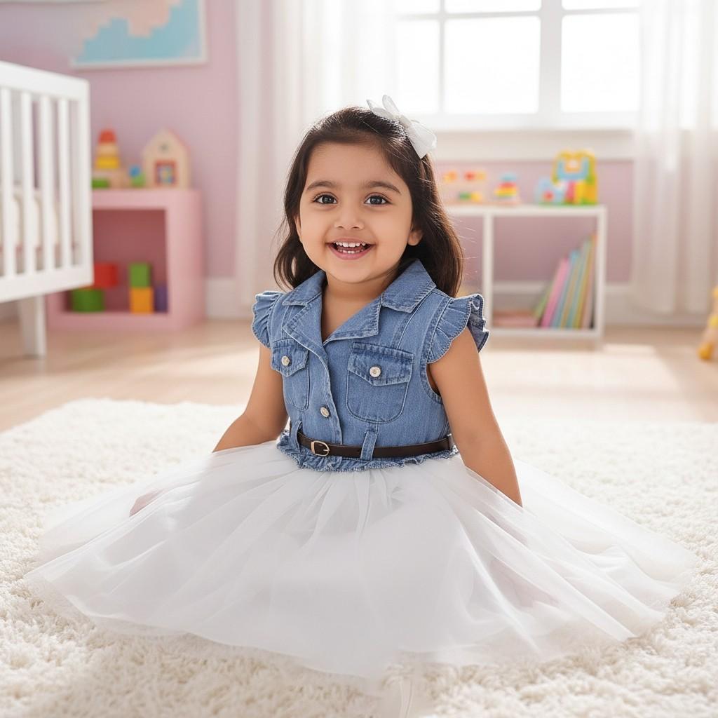 Blue & White Color Girls Party Frock