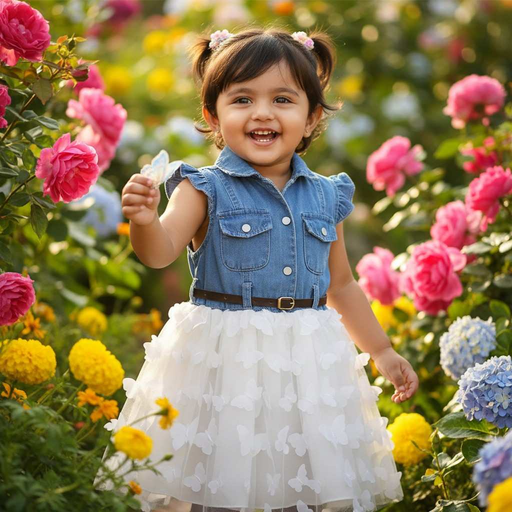 Blue & White Color Butterfly  Girls Party Frock