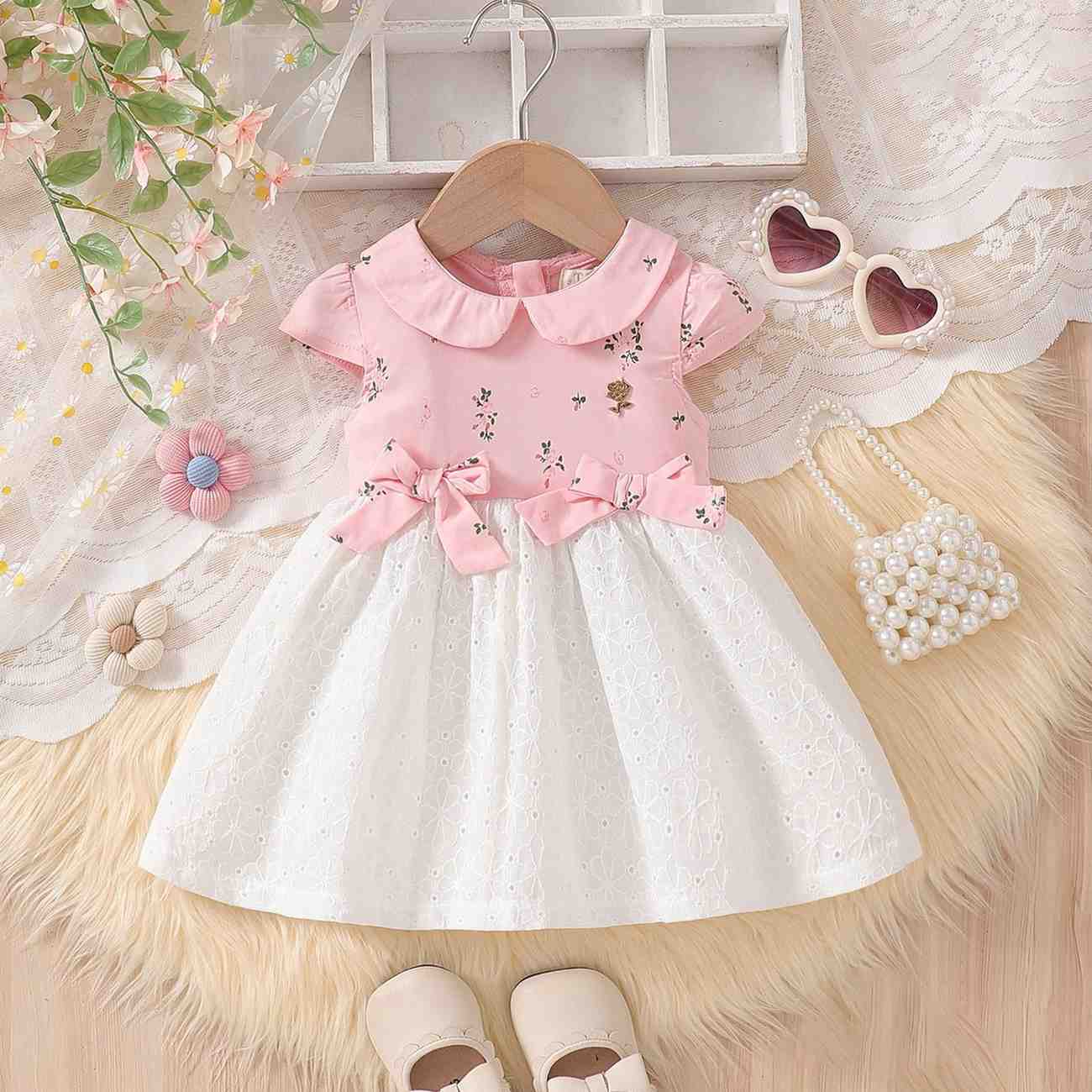 Pink & White Cotton Traditional Baby Frock