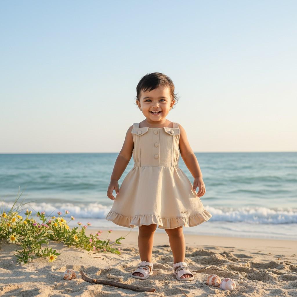Beige Color Cotton Sleeveless Baby Frock