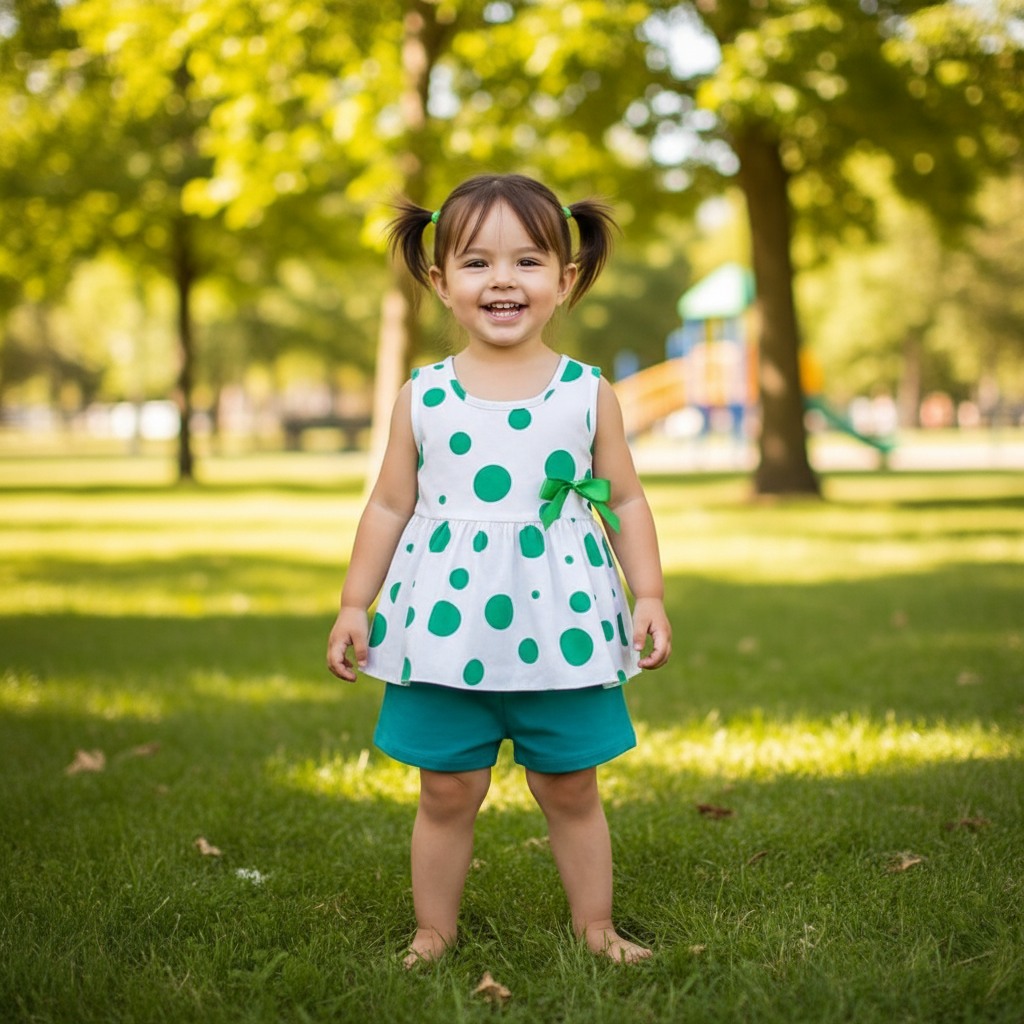 Ball Print White & Green Cotton Frock with Pant