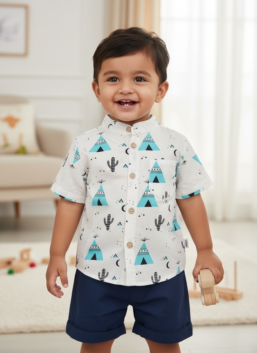 Blue Pyramid print cotton shirt with pant