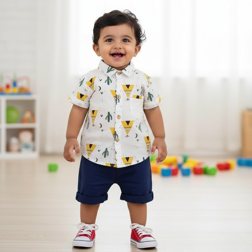 Yellow  Pyramid print cotton shirt with pant