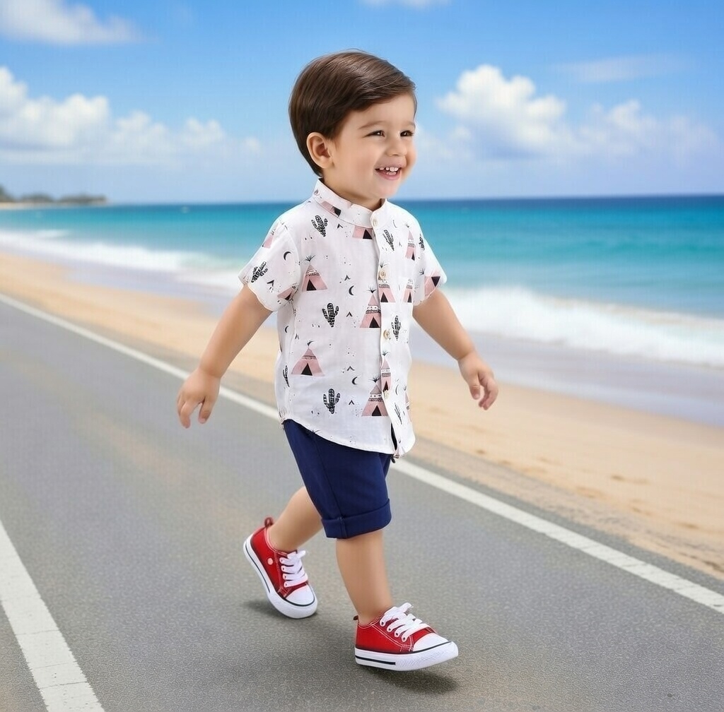 Red  Pyramid print cotton shirt with pant