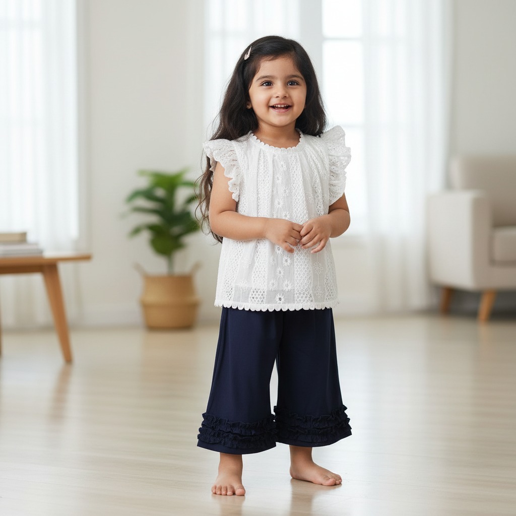 White & Dark Blue Cotton Top & Pant Set