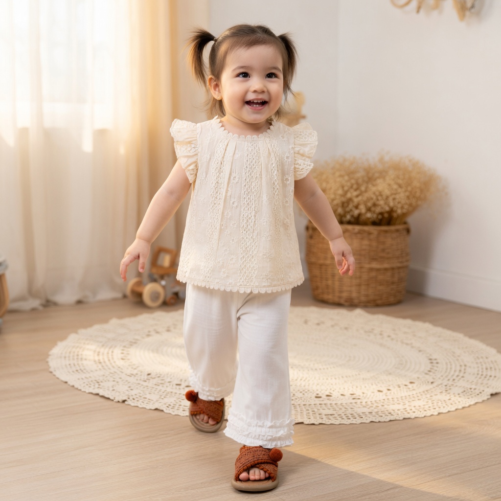 Beige & White Color Cotton Top & Pant Set