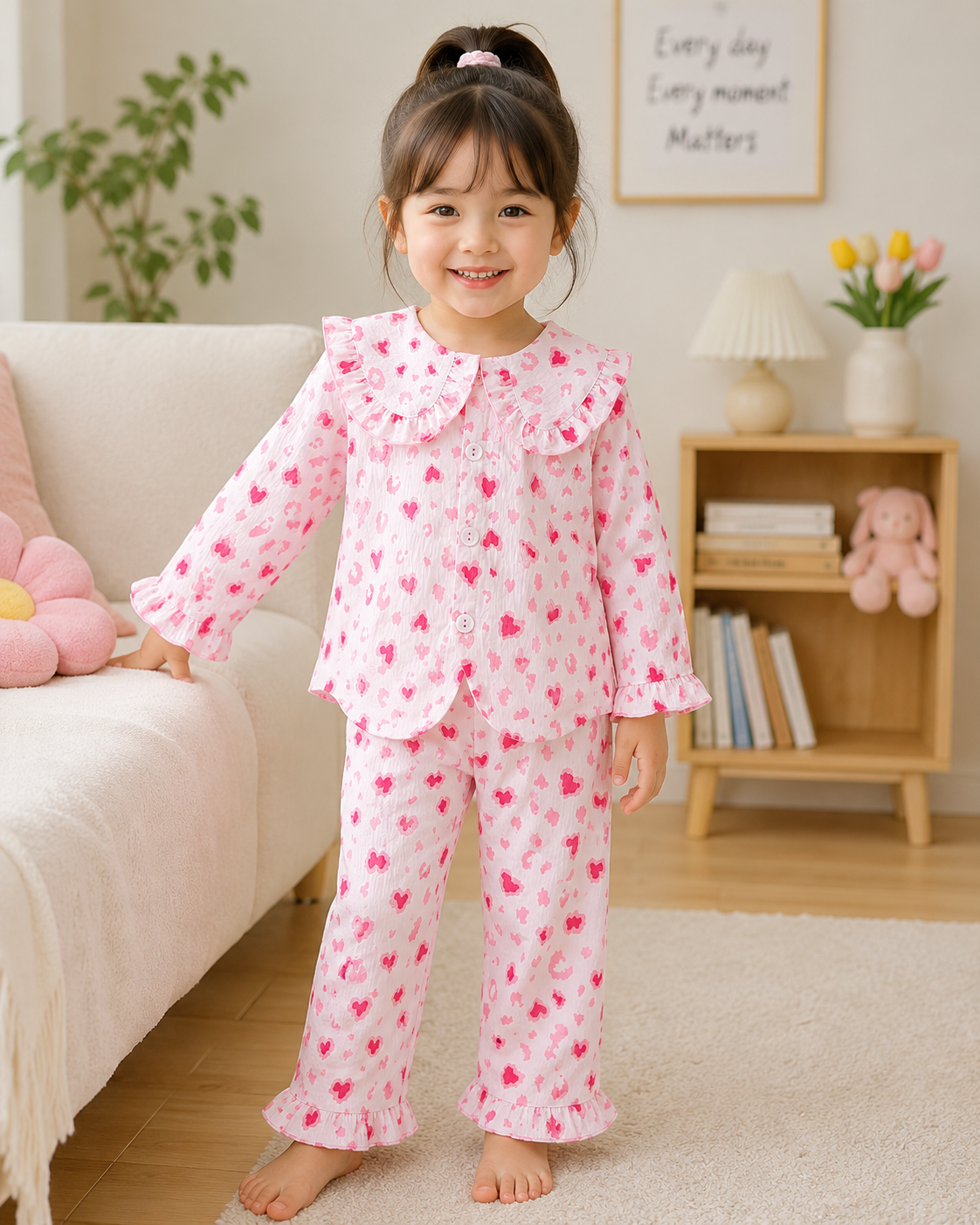 Heart Print Long Sleeve Kids Pajama Set