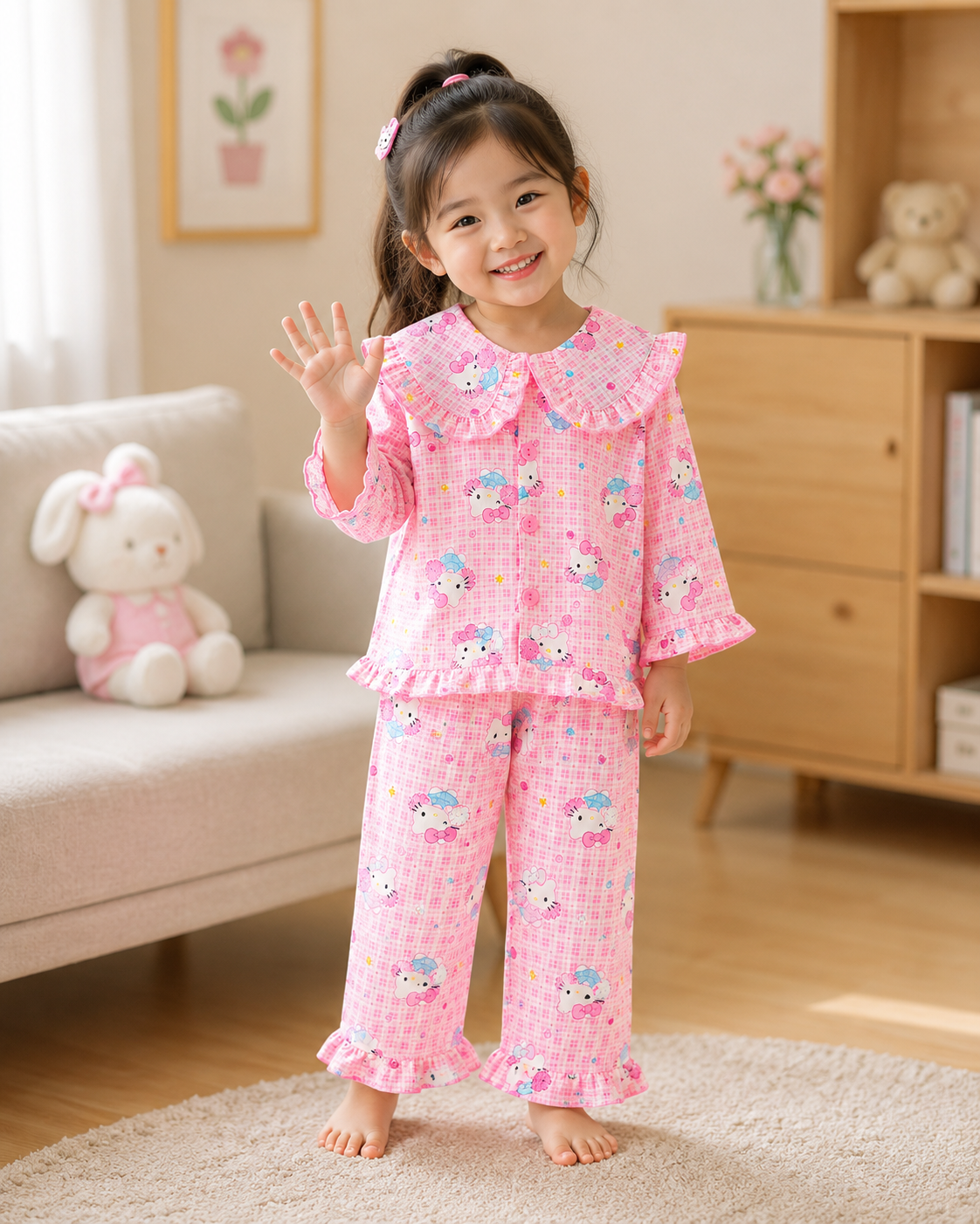  Pink Hello Kitty Print Cotton Night Suit Set