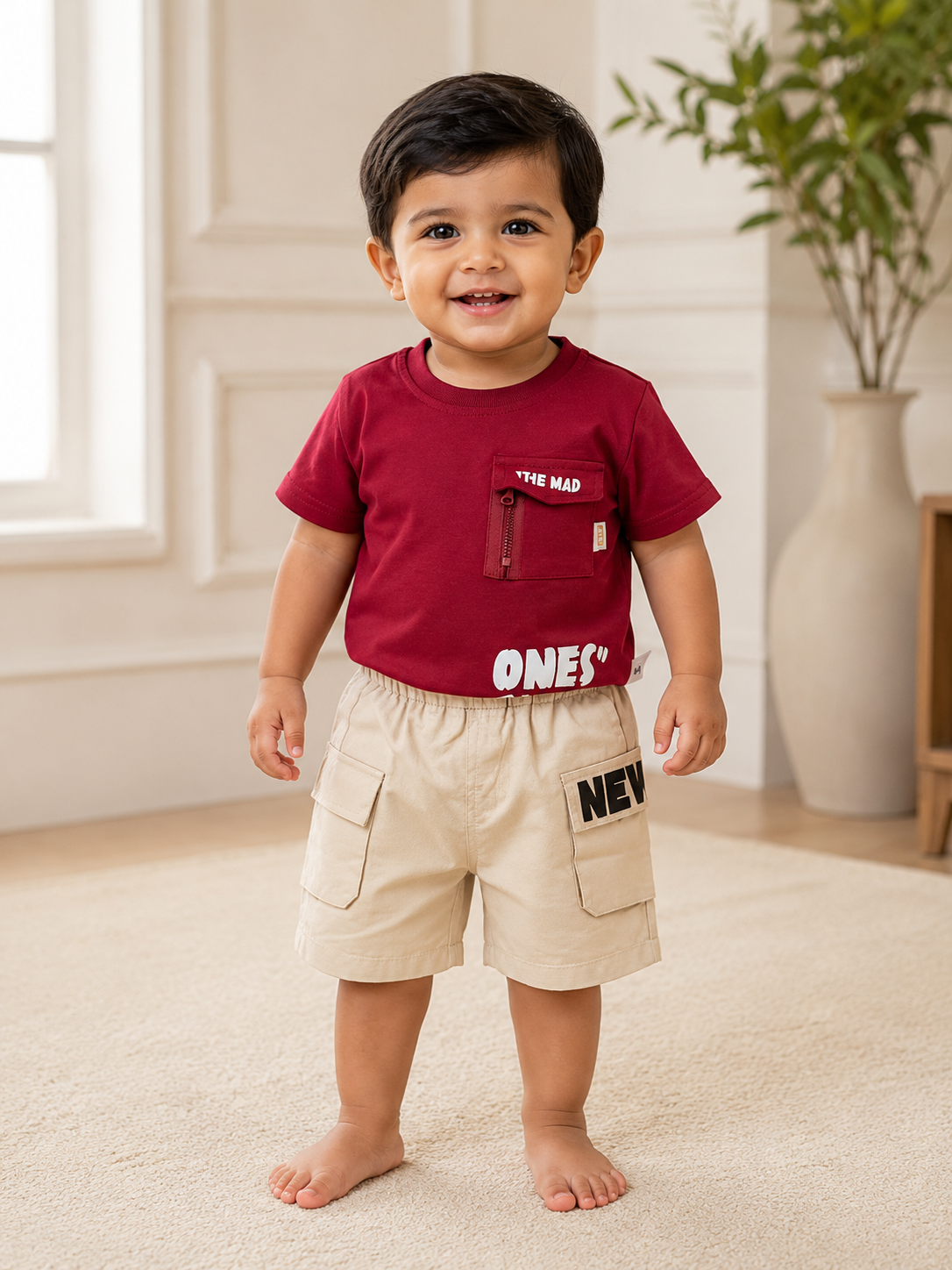 Maroon Round Neck T-Shirt & Shorts Set for Boys 