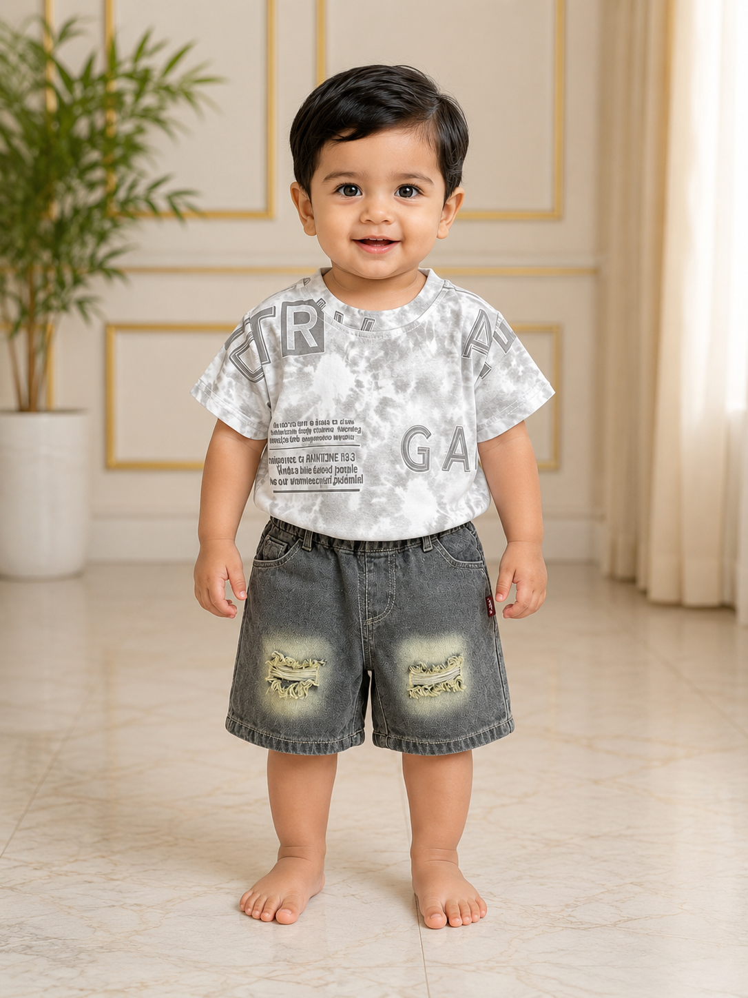 Boys Ash Round Neck T-Shirt & Denim Shorts Set