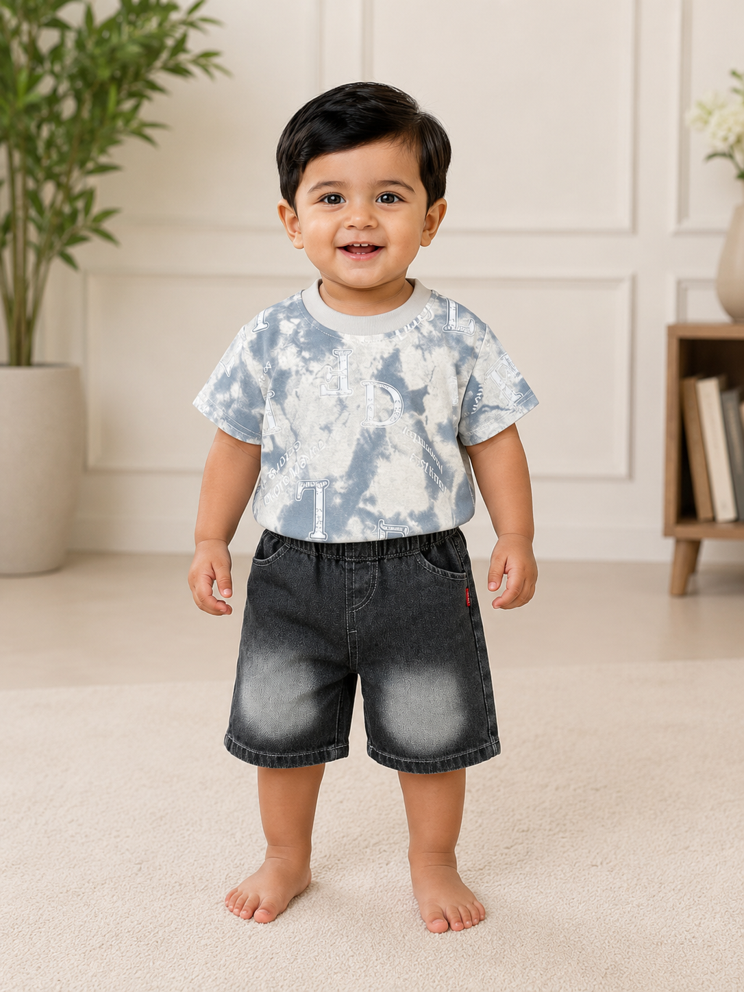 Boys Cream Blue Round Neck T-Shirt & Shorts Set