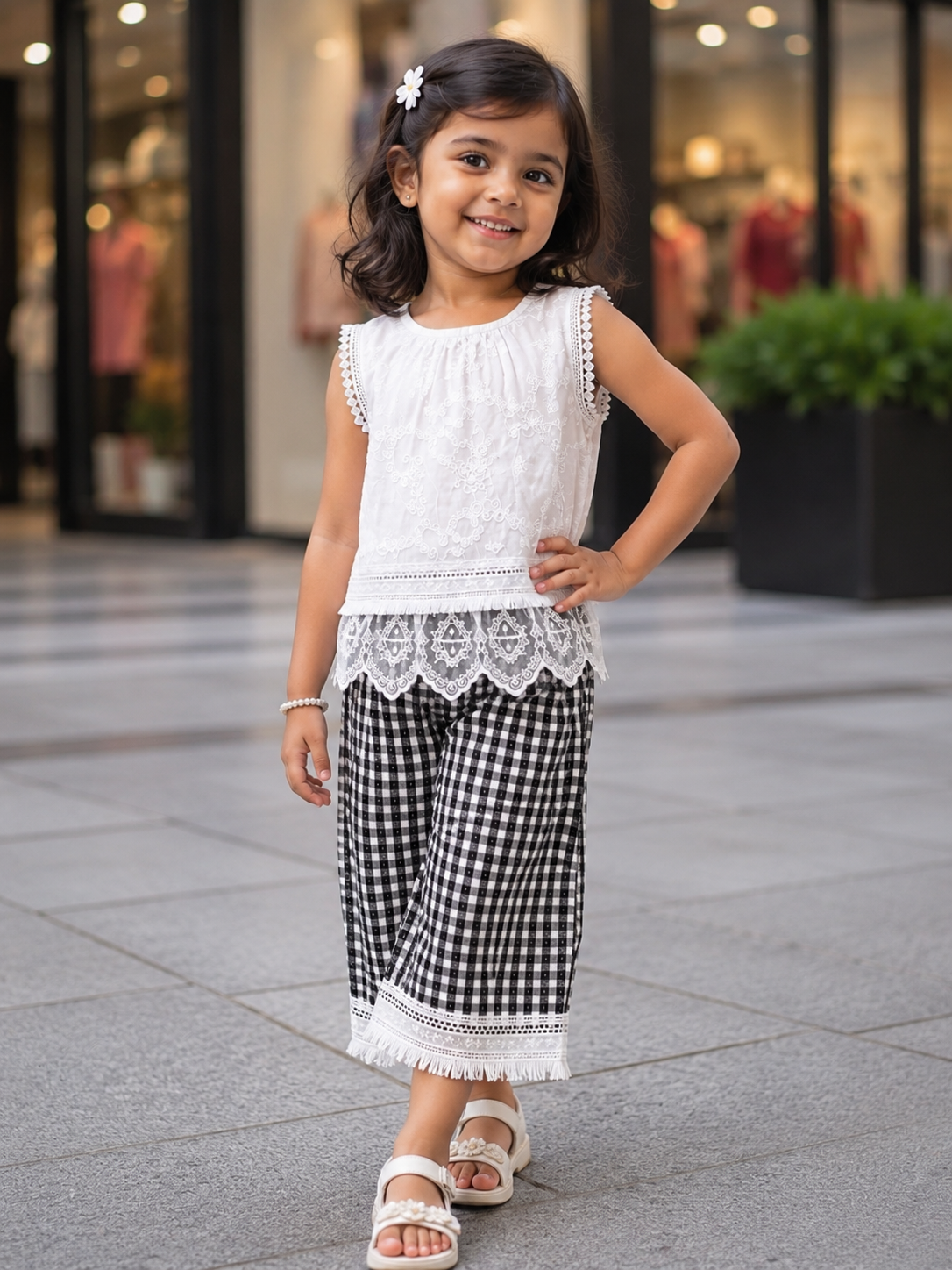 Girls White Lace Top & Pant Set 