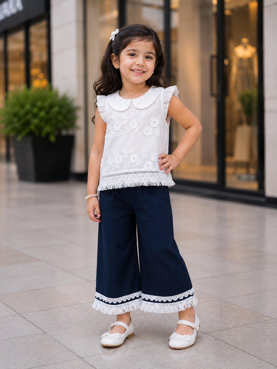 Girls White Lace Top & black Pant Set