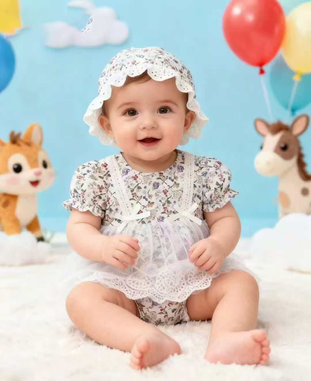 Girls Floral Lace Romper Dress with Sun Hat