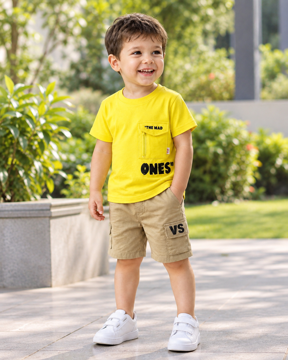 Yellow  Round Neck T-Shirt & Shorts Set for Boys